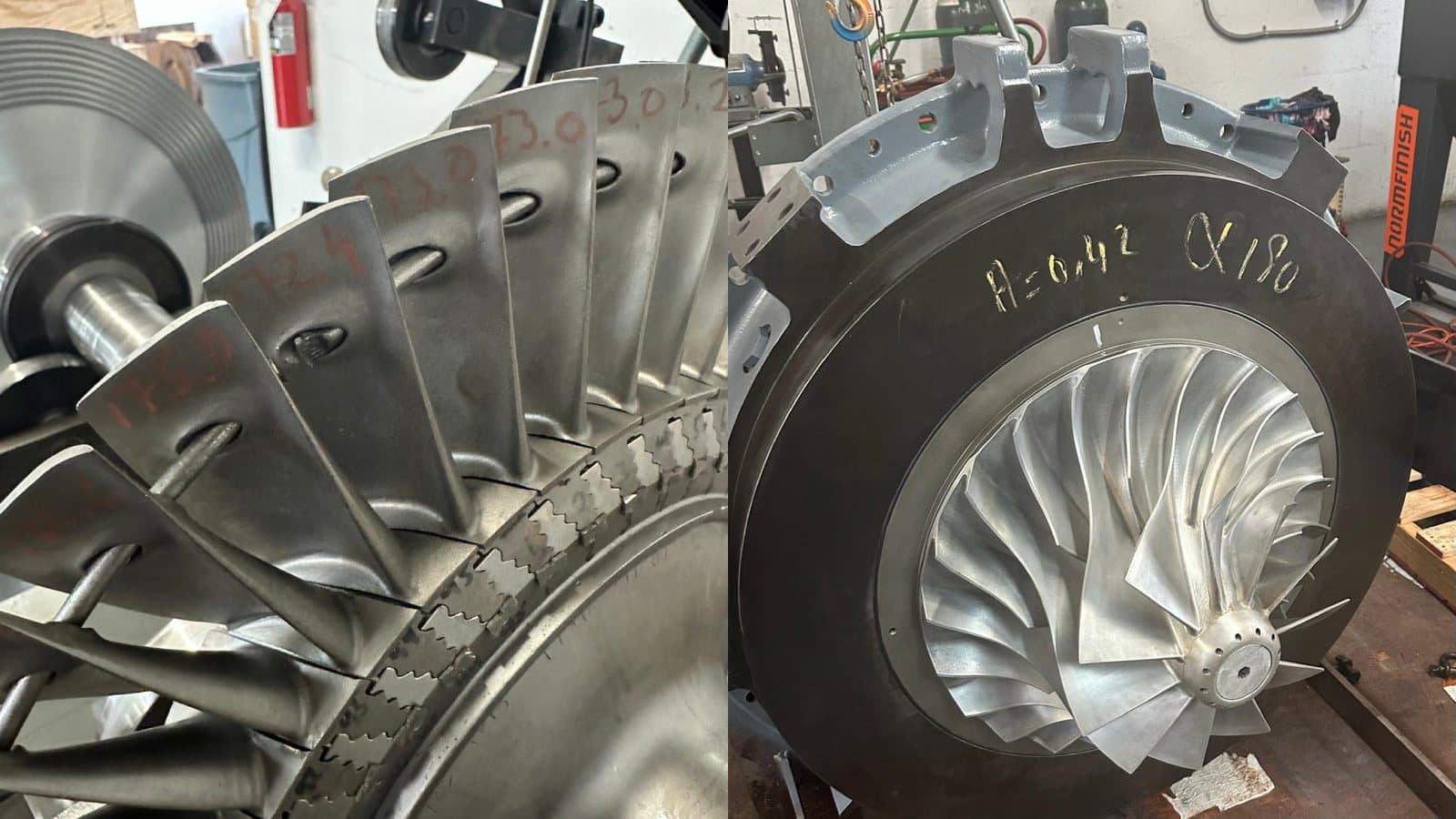 Turbine and compressor wheels under inspection during a turbocharger repair, with measurement markings